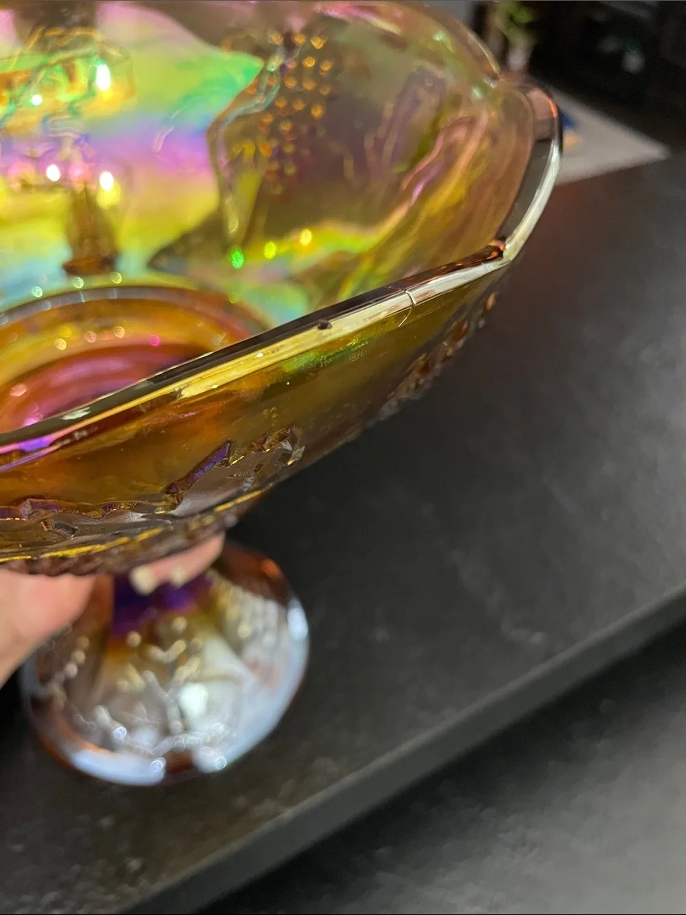 Indiana Glass Iridescent Carnival Glass Compote Bowl - Grape Multicolor